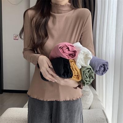 Autumn Winter Modal Base Layer Thermal Underwear Women Semi High Neck Long Sleeve T Shirt Ruffle Trim Inner Outer Wear Top