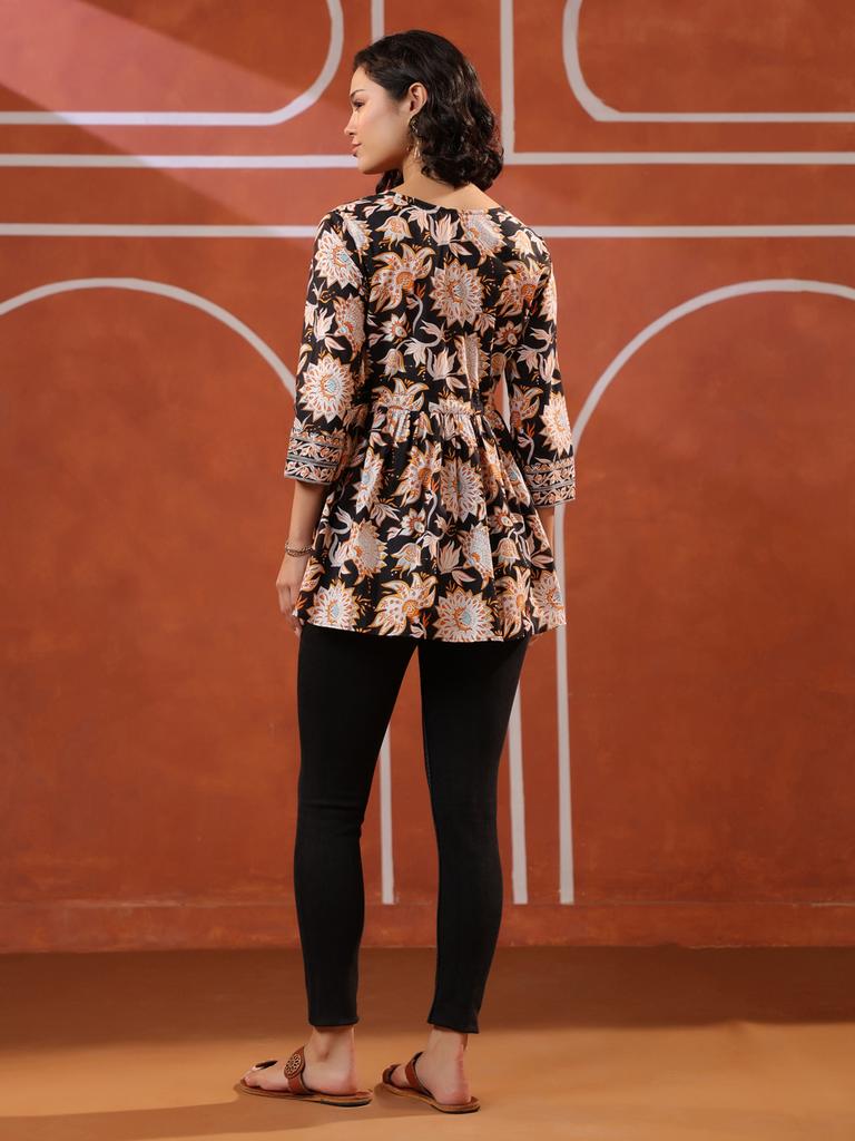 Black Floral Printed V Neck Cotton Top