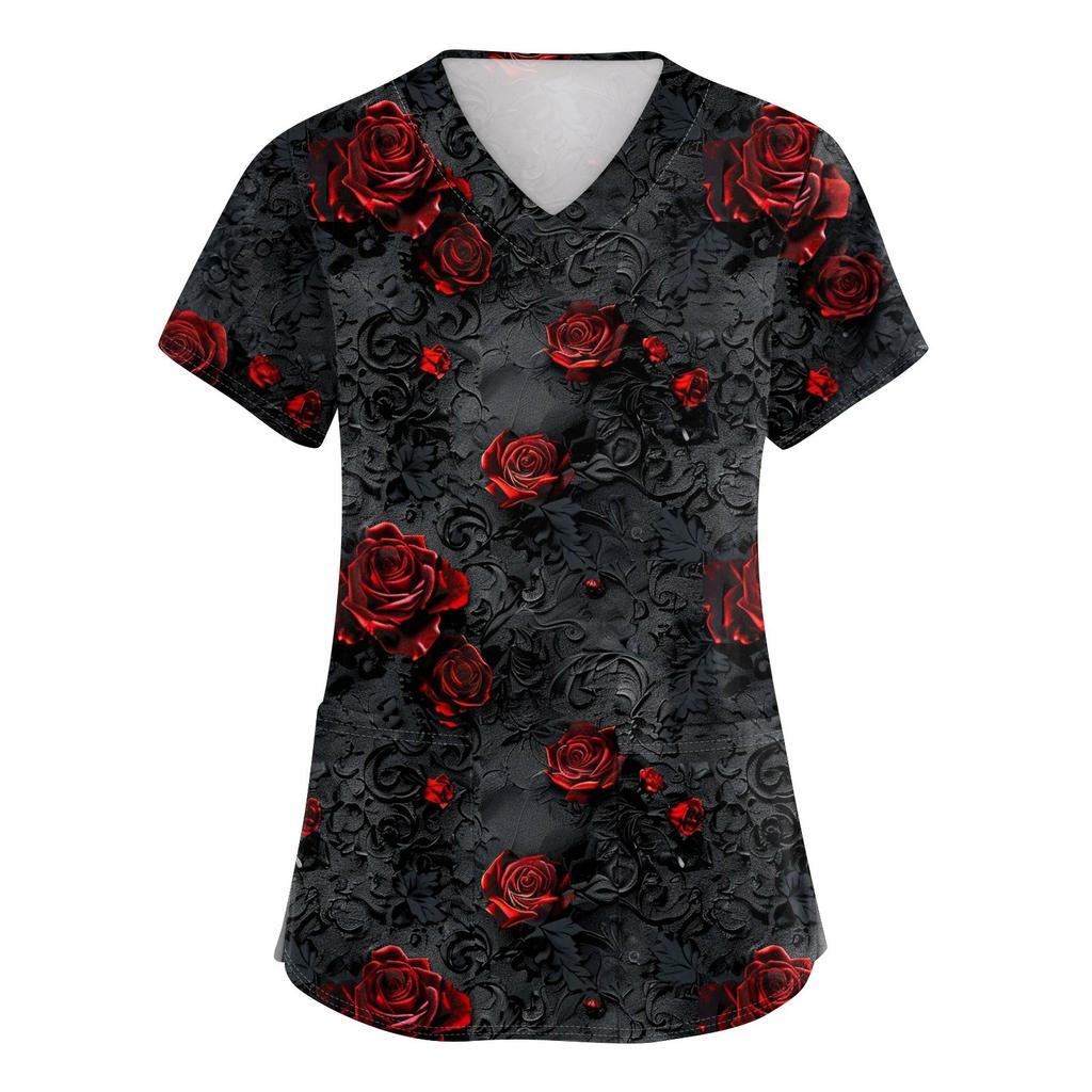 Women's V-neck Halloween Printed Short-sleeved Pocket Side-slit Protective Suit Top