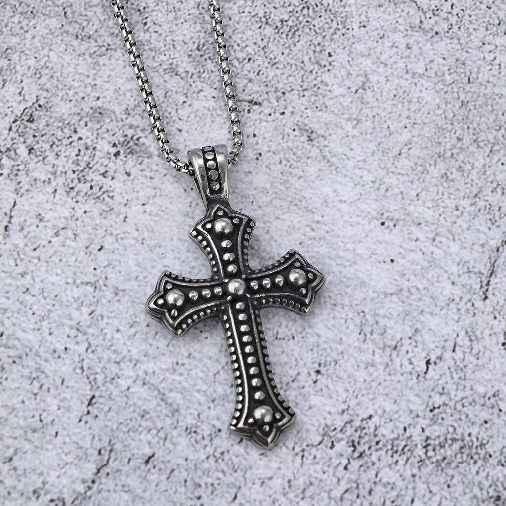 Titanium Steel Cross Shaped Pendant Punk Necklace Retro Trendy Men's Titanium Steel Cross Shaped Spherical Pendant