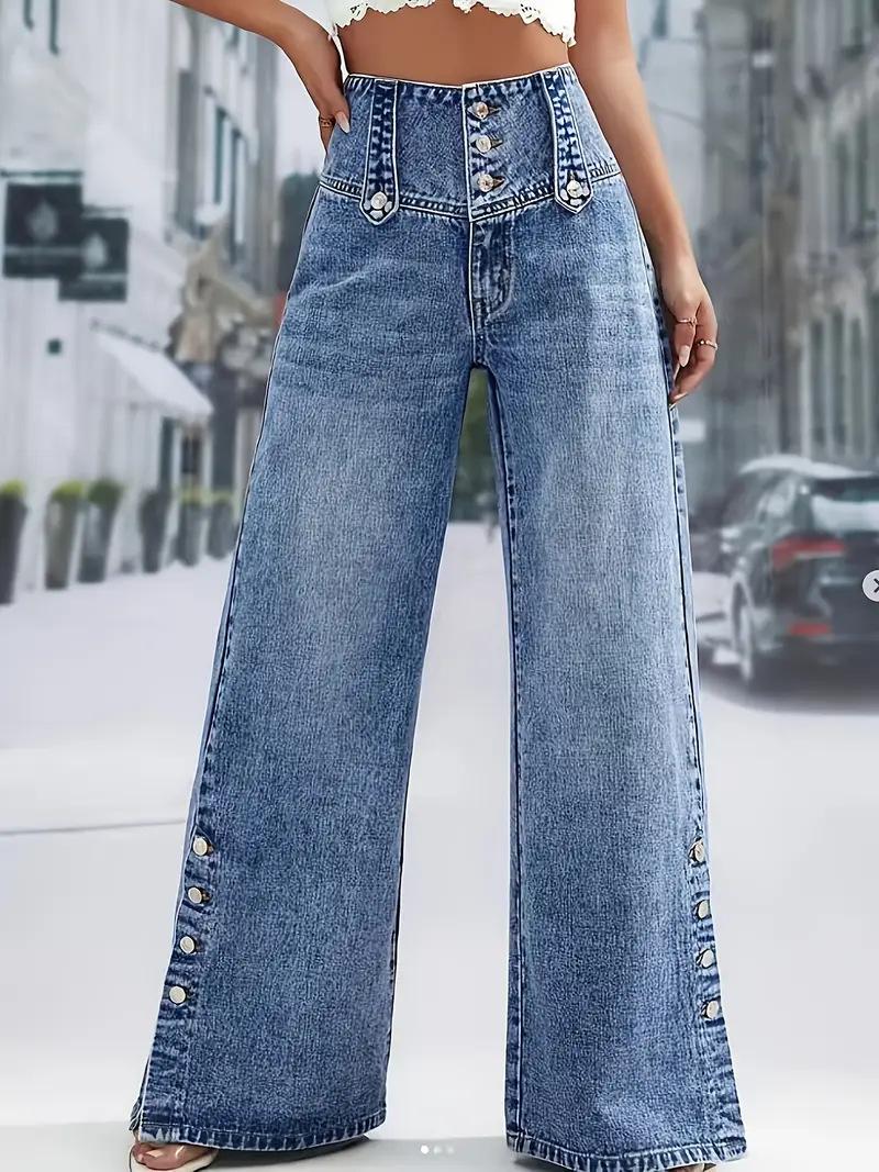 Women s High Waist Button Slit Hem Wide Leg Jeans Loose Fit Streetwear Vintage Washed Denim Long Trousers S