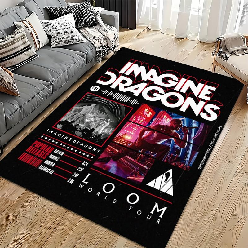 Rock Band Area Rug, Imagine Dragons Loom World Tour Concert Poster Red Black Believer Radioactive Print, Rock Decor, Non-Slip Mat