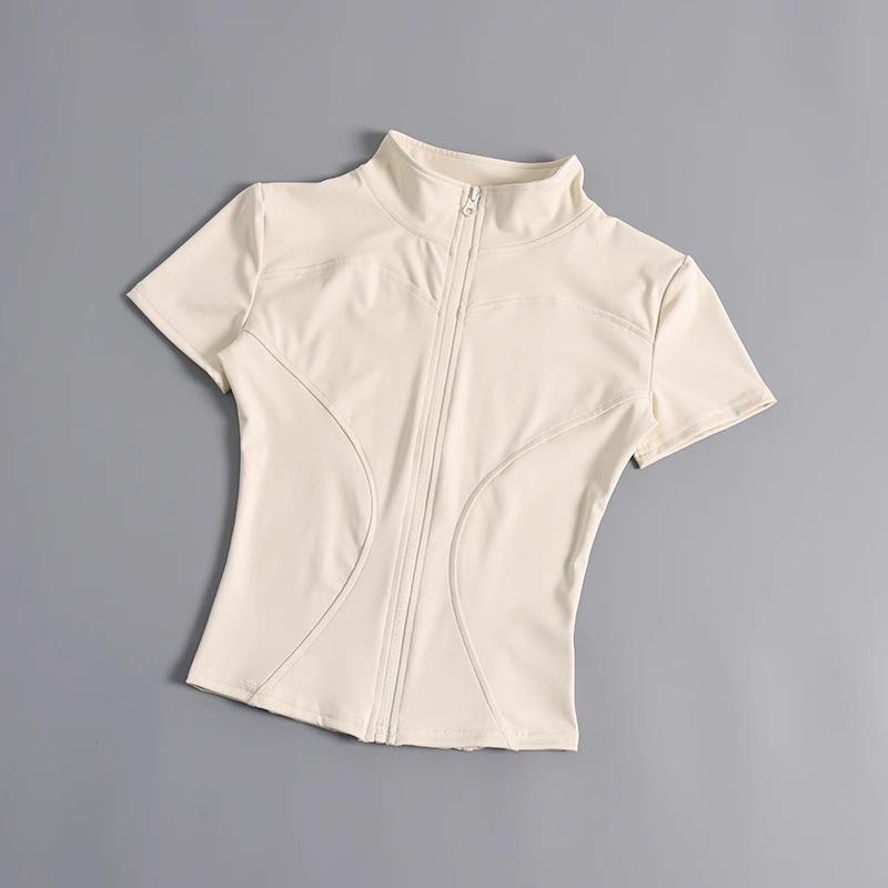 Women's Quick-Dry Bodycon Yoga Jacket - High Elasticity, Short Sleeve, Stand Collar, Zipper, Nude Feel for Fitness and Running (Summer)