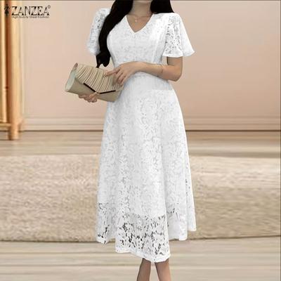 Women Elegant Lace Patchwork Casual V-Neck Short Sleeve Dress
