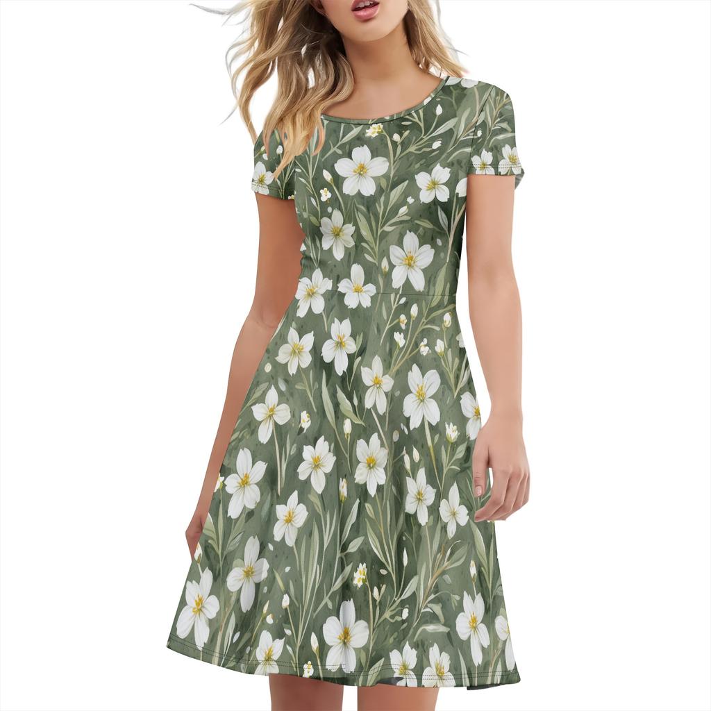 Dámské ležérní letní tričkové šaty s krátkým rukávem, volné šaty, módní styl, univerzální styl, oblečení