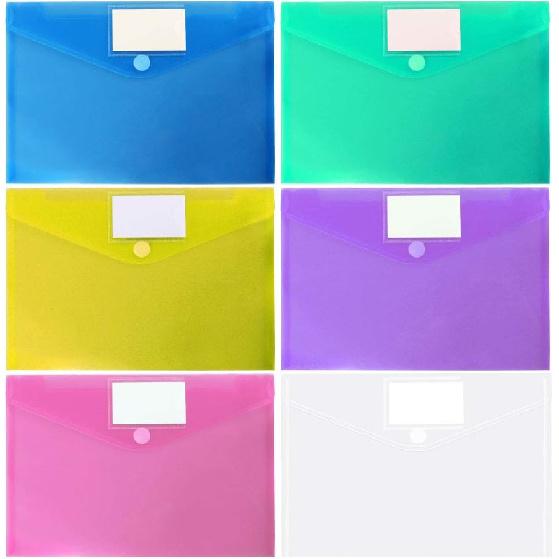 11 Pack Plastic Poly Filing Envelopes, Clear Document Folders US Letter A4 Size File Envelopes with Label Pocket & Paste Button for School Home Work