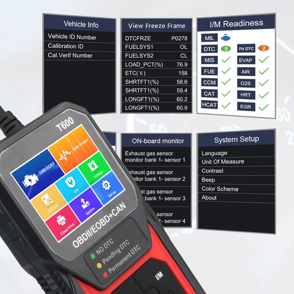 OBD2 Scanner T600 Oxygen Sensor Test Code Reader Support Cloud Print Professional Car Diagnostic Tool Automotive DTC Lookup