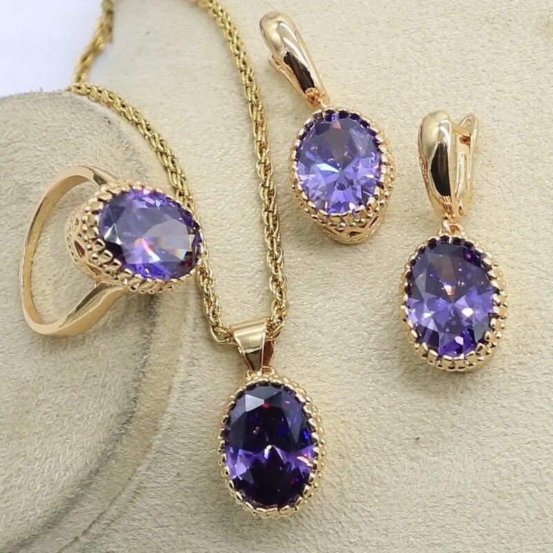 

Натуральный Фиолетовый Цирконий, свадебные комплекты украшений, золотого цвета, ожерелье, серьги, кольцо, кулон с подарком на день рождения