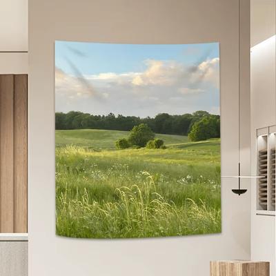 Pastoral Meadow Tapestry Green Field Room Decor Natural Landscape Room Decorating Item Scenic Countryside Wall Decorating Cloth