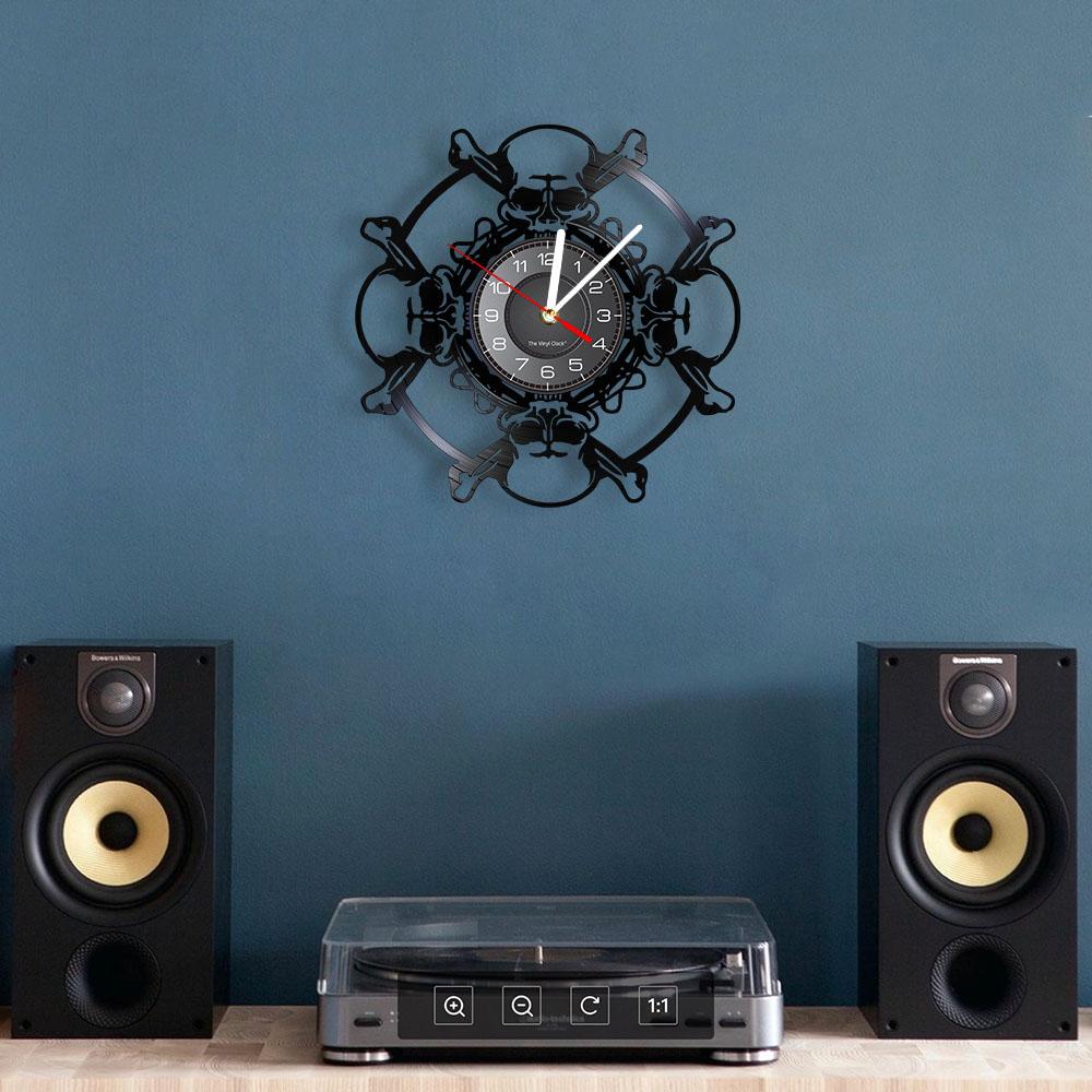 Schädel-Kopf-Vinyl-Schallplatten-Wanduhr im Alter von Skelett-Kopf-Wanduhr, Skelett-Vampir-Männer, Halloween-Dekor, Wandbehang-Uhr