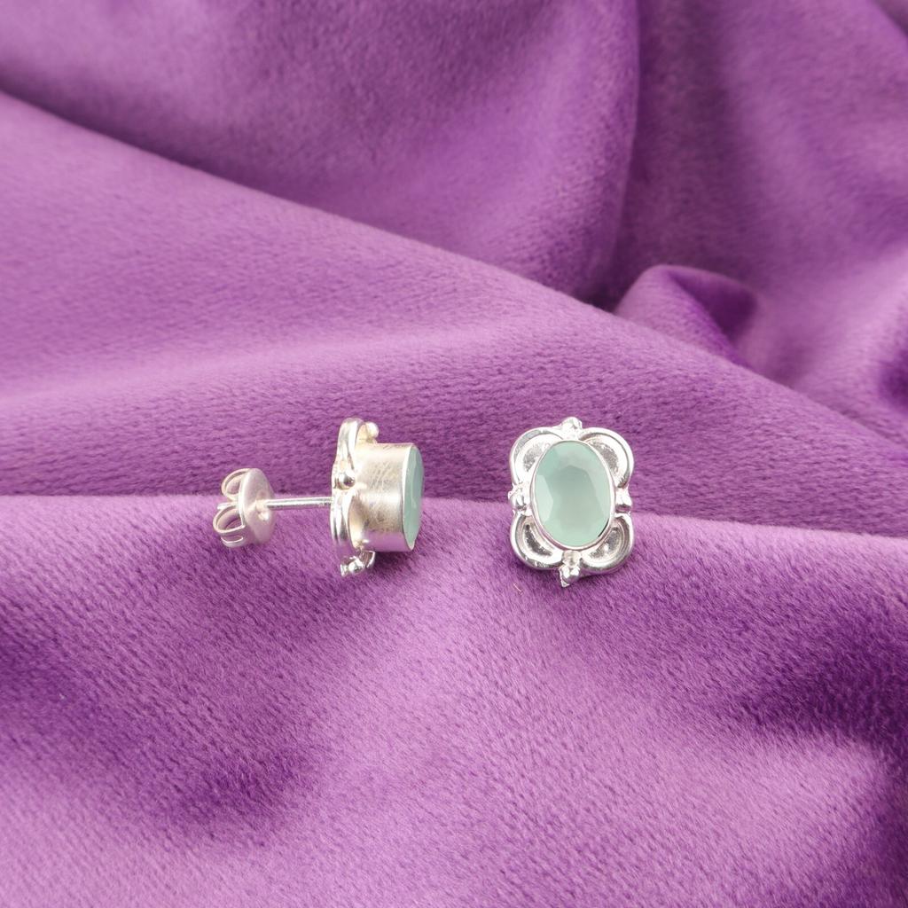 Oval Natural Aqua Chalcedony 925 Silver Stud Post Friend Gift Earrings Jewelry EE-149-5