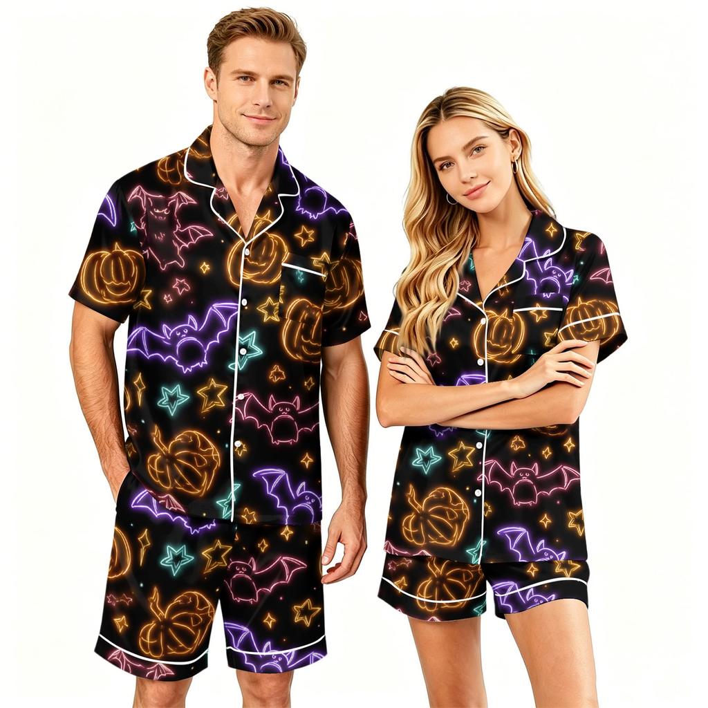 Couple Matching Halloween Pajama Set Short Sleeve Button Down Shirt with Curved Hem and Shorts Soft Casual Sleepwear S To XXXXL