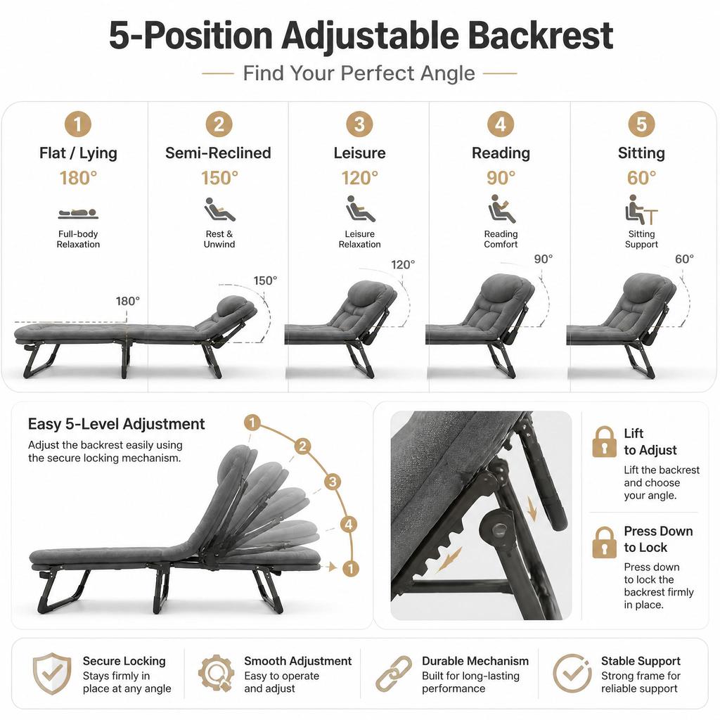 Aflyever Klappbares Ruhebett für Outdoor-Camping, Etagenbett mit 5-fach verstellbarer Rückenlehne, 190 cm langes Design, dick gepolstertes Kissen, 150 kg Tragfähigkeit