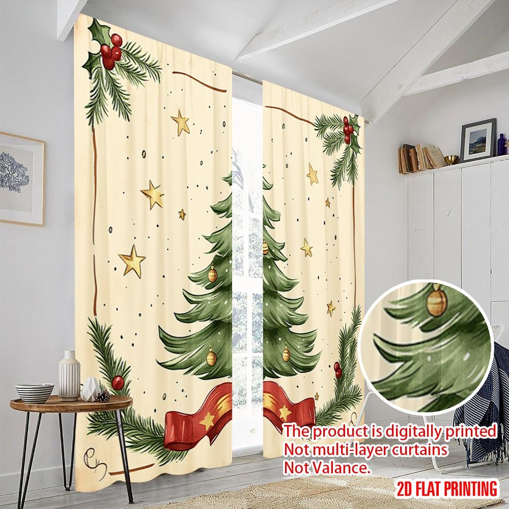 2 Stück, 2D-Flachdruck Muster Vorhänge Weihnachtsbaum Stechpalme Sterne (3) Vielseitiges, strapazierfähiges Polyester (ohne Stange) Heimdeko-Nutzung