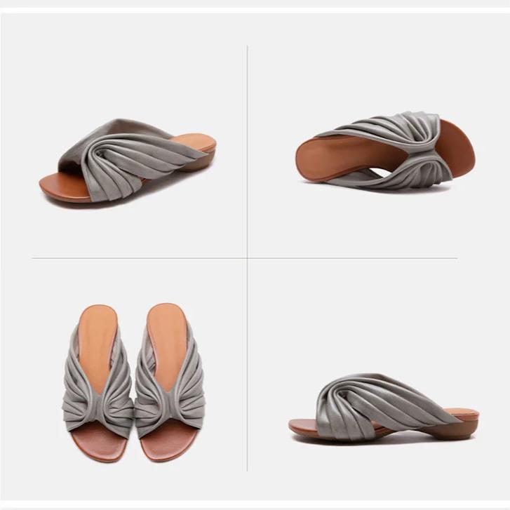 Johnature Peep Toe Bohemian Style Slippers Retro Lazy Style Genuine Leather Low Heel Women's Shoes