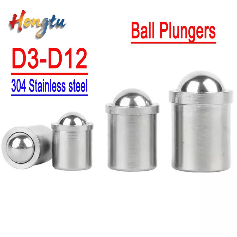 304 Stainless Steel Ball Plungers (D3-D12) - Press Spring, Push Fit, POM Ball