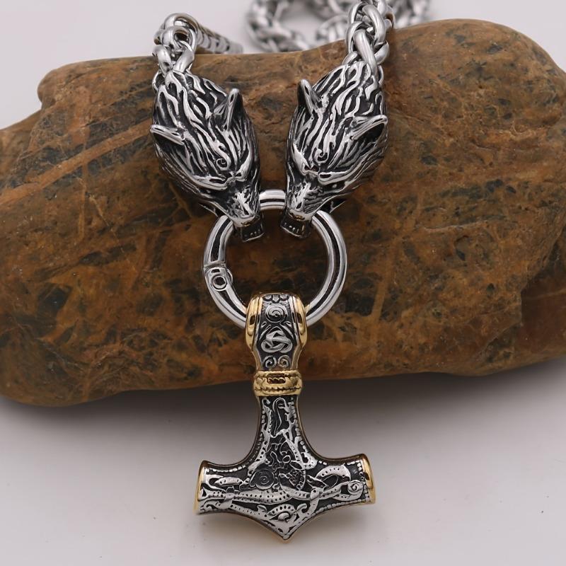 Vintage Viking Men s Thor Wolf Head Pendant Men s Necklace, Hip Hop Necklace золотистый