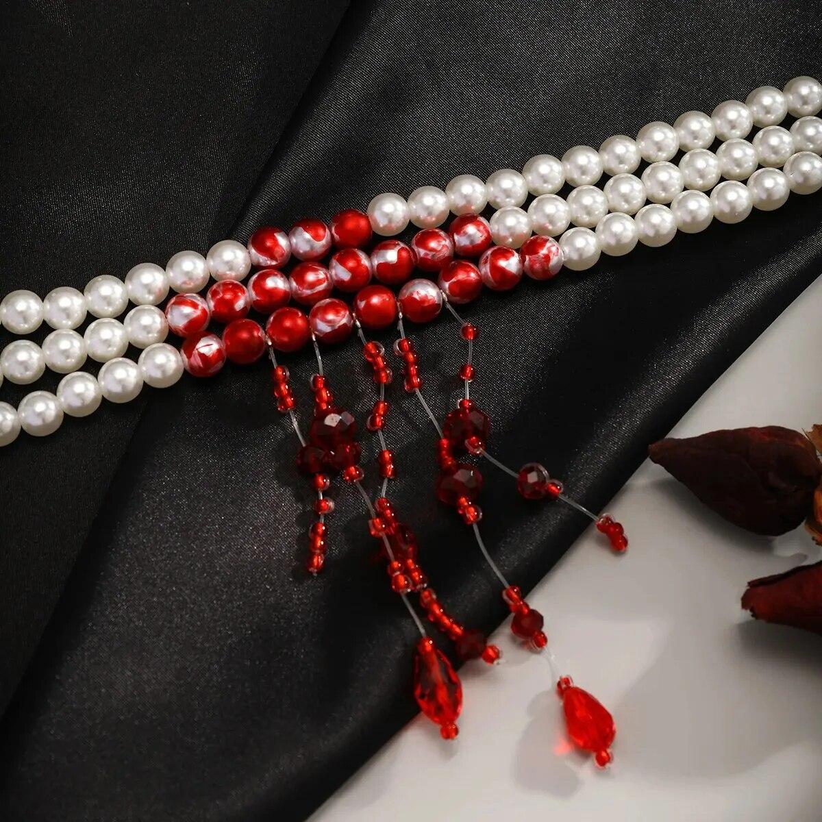 Collana girocollo da donna, con perle d'imitazione di sangue