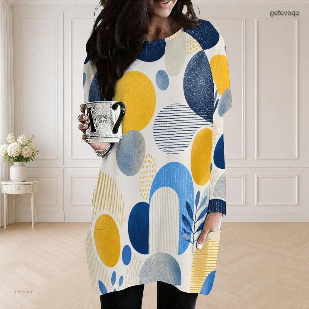Women Plus Size Round Neck Long Sleeve Geometric Printed Loose Longline Top With Pockets