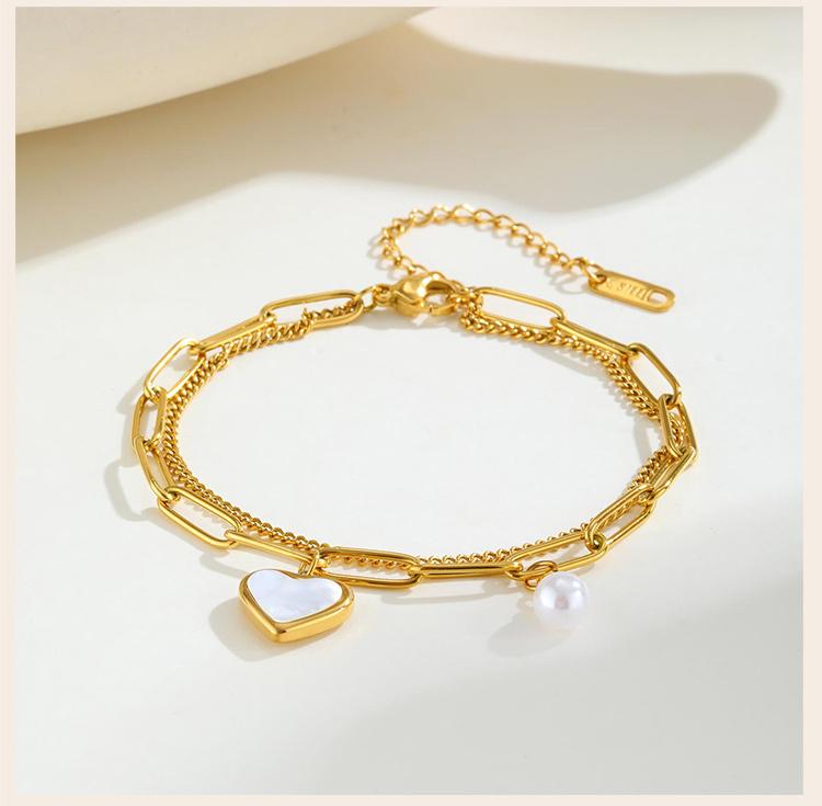 Stainless Steel Chains Double Layer Heart Bracelet Bangle For Women, 18k Gold Plated Waterproof Charm Wrist Jewelry