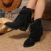 Women Cowboy Boots 2025 New Tassel Chunky Heels Pointed Toe Shoes for Women Outdoor Slip-on Wedge Western Boots Female