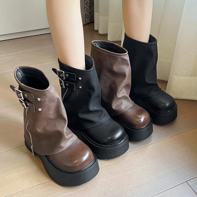 Leather High Heels Platform Ankle Boots Women Shoes New Fashion Goth Punk Shoes Brand Autumn Winter Trend Snow Botas Pumps