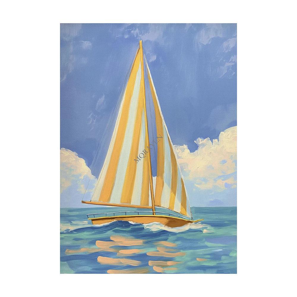 Blue Coastal Beach Seashell Sailboat Posters Prints Canvas Painting Wall Art Pictures Living Room Home Decor Cuadros