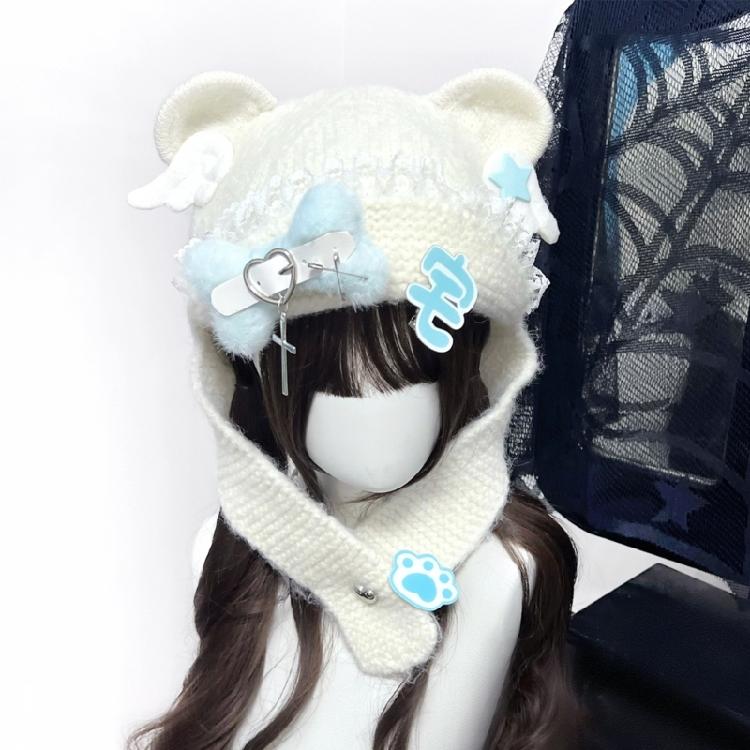 Warm Blue Bear Hat with Ear Furry Caps Cartoon Ear Hat Solid Color Wing Winter Plush Hat for Casual Wear