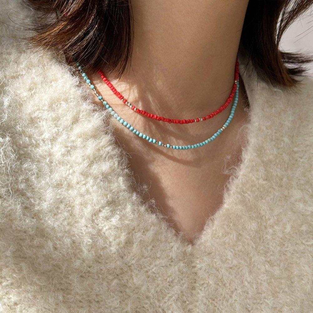 Hiba Blue Turquoise Silver Ball 925 Silver Layered Necklace