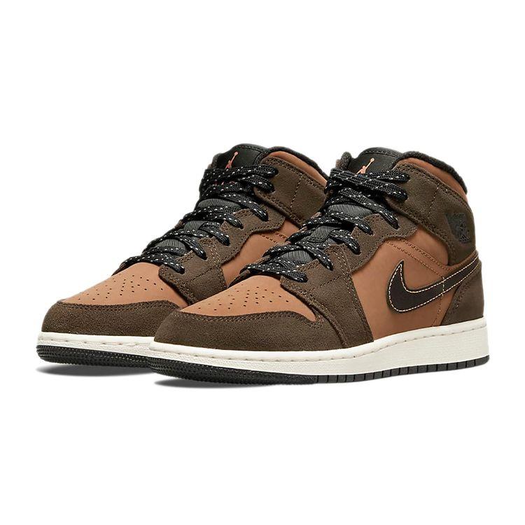 Air Jordan 1 Mid SE GS Earth Tone Kids Sneakers Brown Dark-Chocolate Crimson-Bliss DC7248-200