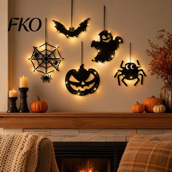 Cool Halloween Designs Pumpkin Hanging Decor, Non-Woven Ghost Ornament with Light String, Spooky Holiday Decorations Door Wall Decor for Party