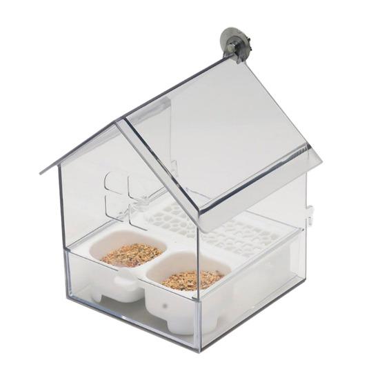 Pull-Out External Parrot Feeder Window Mounted Birds House with Two Food Slots Transparent Parrot House with Water Catcher Tray