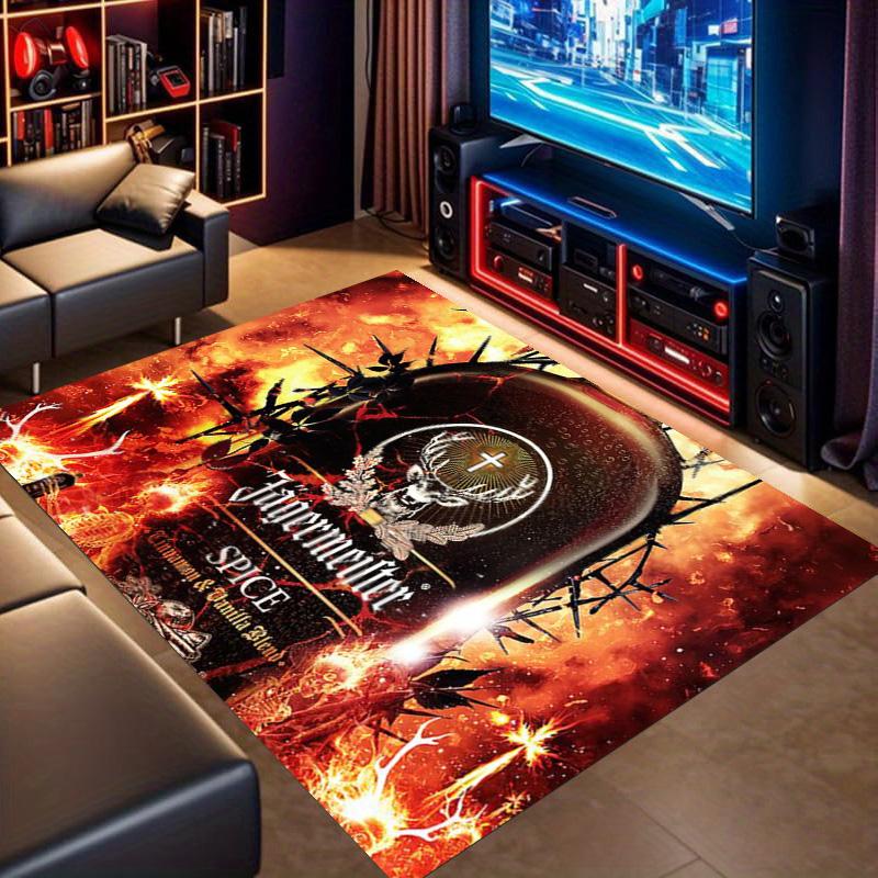 Tappeto Area Stampata Sfondo Fiamma Fuoco Logo Cervo Jagermeister Tappeto Decorazione Tappeto Pavimento Rettangolare Antiscivolo Marca Liquori Bar Stanza Giochi Man Cave
