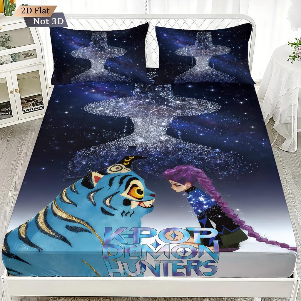 1pc K-Pop Demon Hunters Fitted Sheet Polyester Durablle Machine Washable Bedding Set for Home Bedroom Decoration Birthday Gift