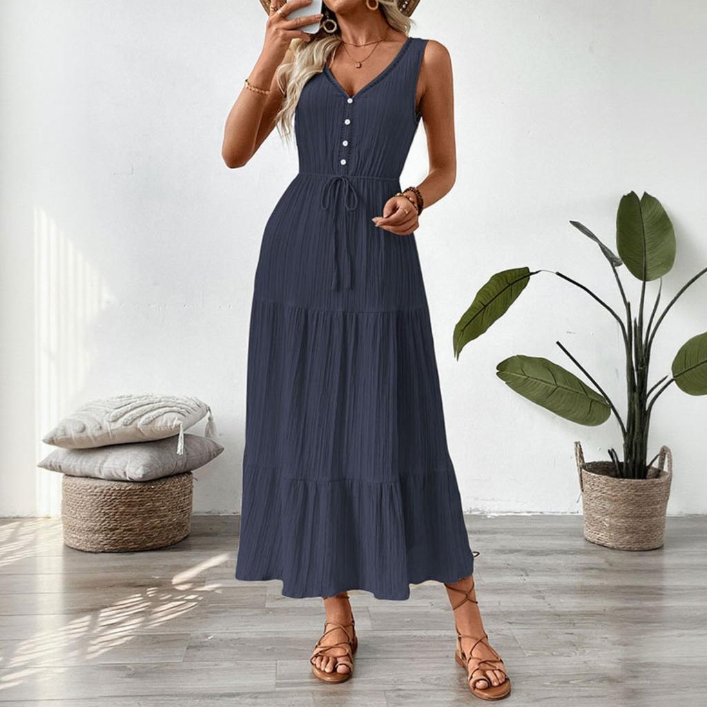 New Women's Summer Dress European Style Simple Solid Color V-neck Sleeveless Strappy Casual Dress