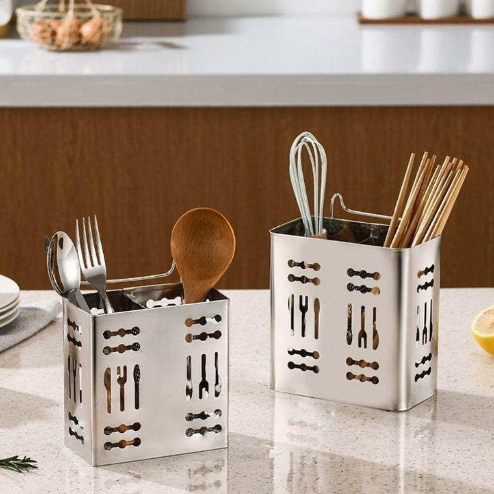 2 Divided Compartments Stainless Steel Chopsticks Rack Rust-proof Utensil Holder  Household