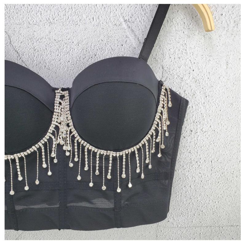 Beaded Diamond-embellished Mesh Fringe Mini Tank Top Cute and Sexy Slim-fitting Outerwear Strapless Top for Women Camis & Tank Tops