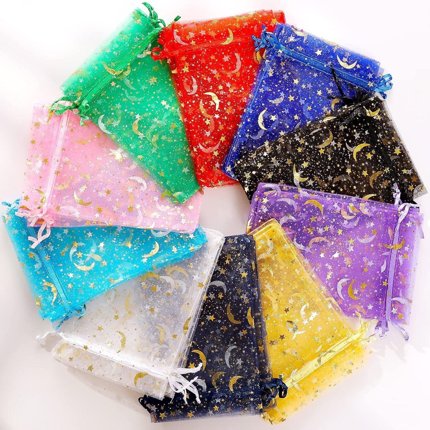 

50PCS Gold Star Moon Organza Bags Drawstring Pouches for Christmas Wedding Jewelry Gifts Favors 7x9cm