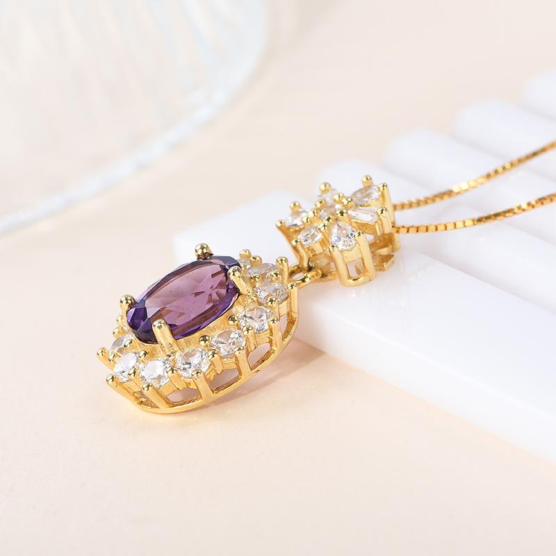 925 Sterling Silver 18K Gold Plated Pendant with Natural Amethyst Cut Gemstone Original Style Women's Everyday Wear