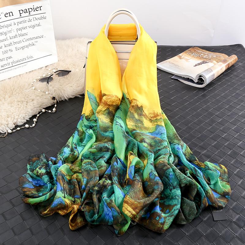 

Винтажный шелковый шарф с принтом китайской тушью - дышащая, солнцезащитная шаль для выхода в свет, декоративный неэластичный шелковый длинный шарф для тепла 180cm*130cm