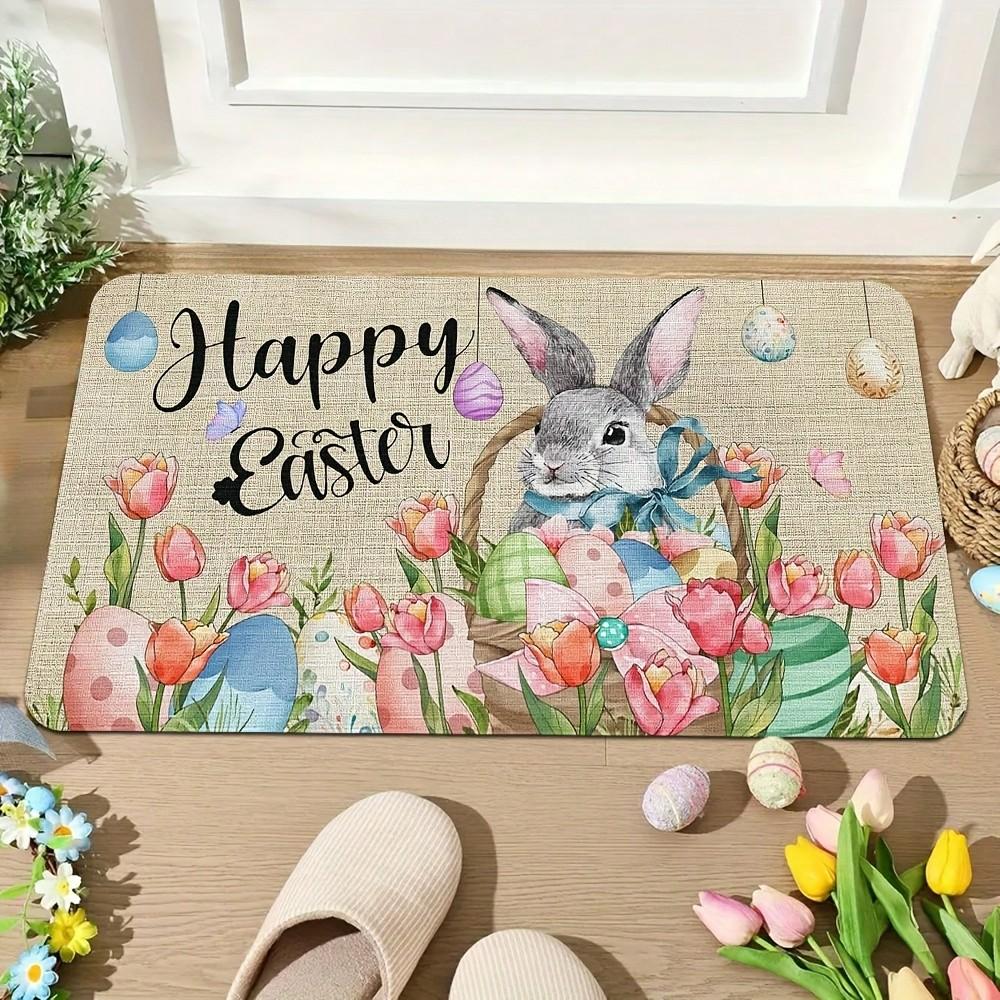 1pc, Spring And Summer Decoration Suitable For Easter, Tulip And Rabbit Elements Welcome Door Mat, Soft Cushion, Soft Absorbent Washable, Suitable For