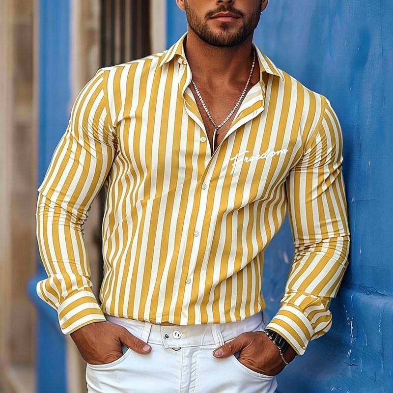 Men's Vertical Striped Long Sleeved Shirt, High-quality Lapel Cardigan, Personalized Letter Printed Casual Men's Top