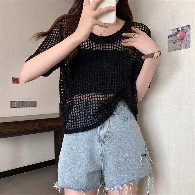 Women Short Sleeved Knit T-shirt Casual Beach Slim Tops O-Neck Hollow Out Knitting Shirt For Women Summer