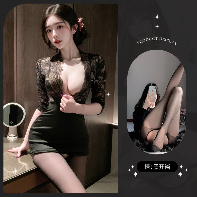 Sex Underwear Skinny Hip Skirt Sexy Secretary Uniform Seduction Deep V Breast Lace Sex Clothing
