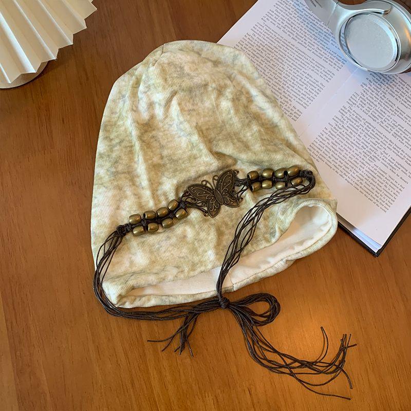 Small and High-end Tie Dye Tassel Bead Pile Hat for Women American Retro Big Head Circumference Cold Hat Loose Hat