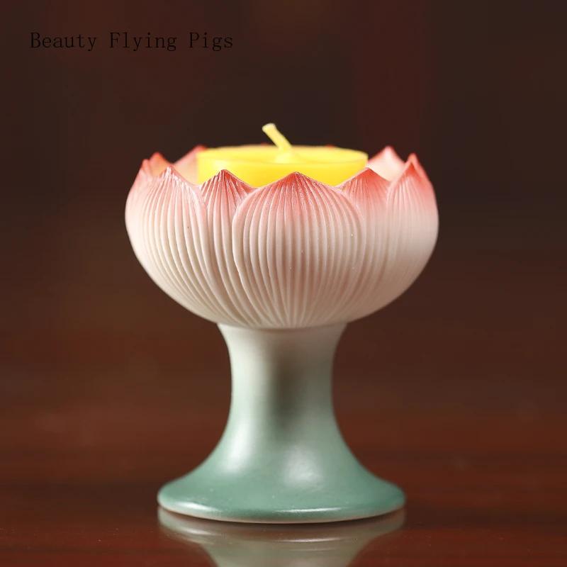 2 szt. Kreatywny Ceramiczny Lotos Wysoka Stopa Świecznik na Świecę Masłową Świecznik Dom Świątynia Ofiara Salon Dekoracja Domu Feng Shui