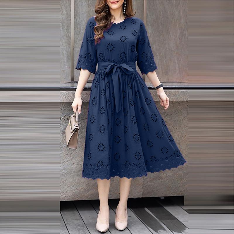 ZANZEA Women Casual Round Neck 3/4 Sleeve Loose Patchwork Lace Dress