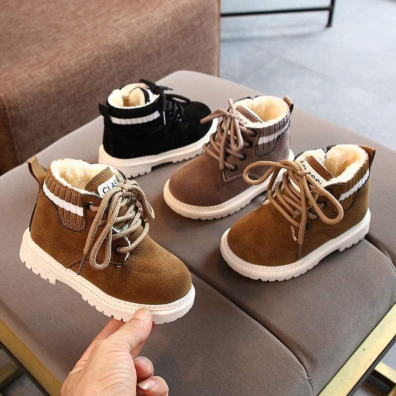 Boys Martin Boots Fleece Children's Fly Knitting Autumn and Winter Large Cotton Thickened Children's Single Boots Girls Shoes Warm Baby Shoes