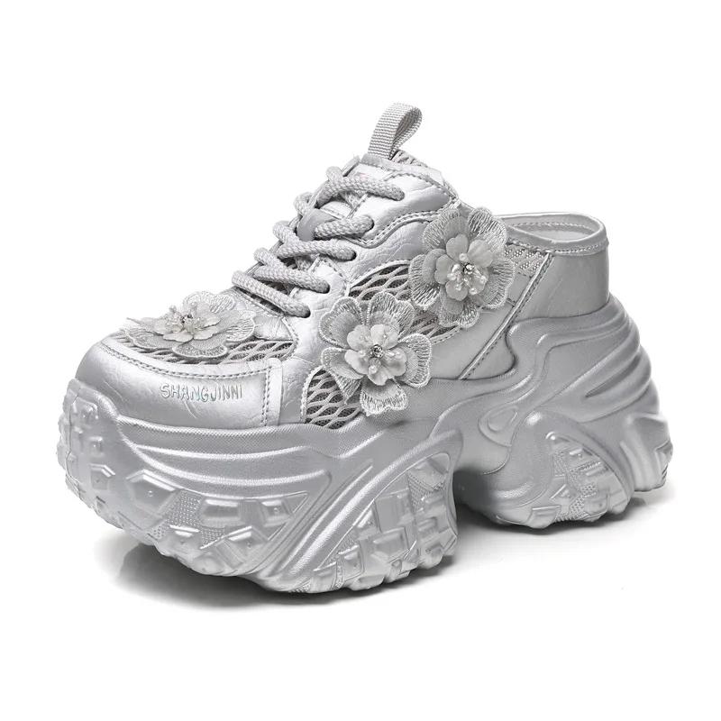 9CM Air Mesh Genuine Leather Chunky Sneaker Fashion Spring Summer Ankle Boots Hook High Brand Comfy Booties Flower Shoes Women