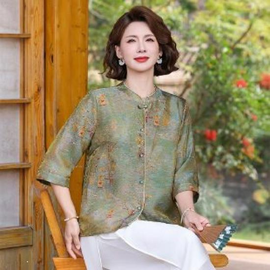 Summer 2026 Elegant Seven-Sleeve Top for Middle-Aged Women 2XL зелёный